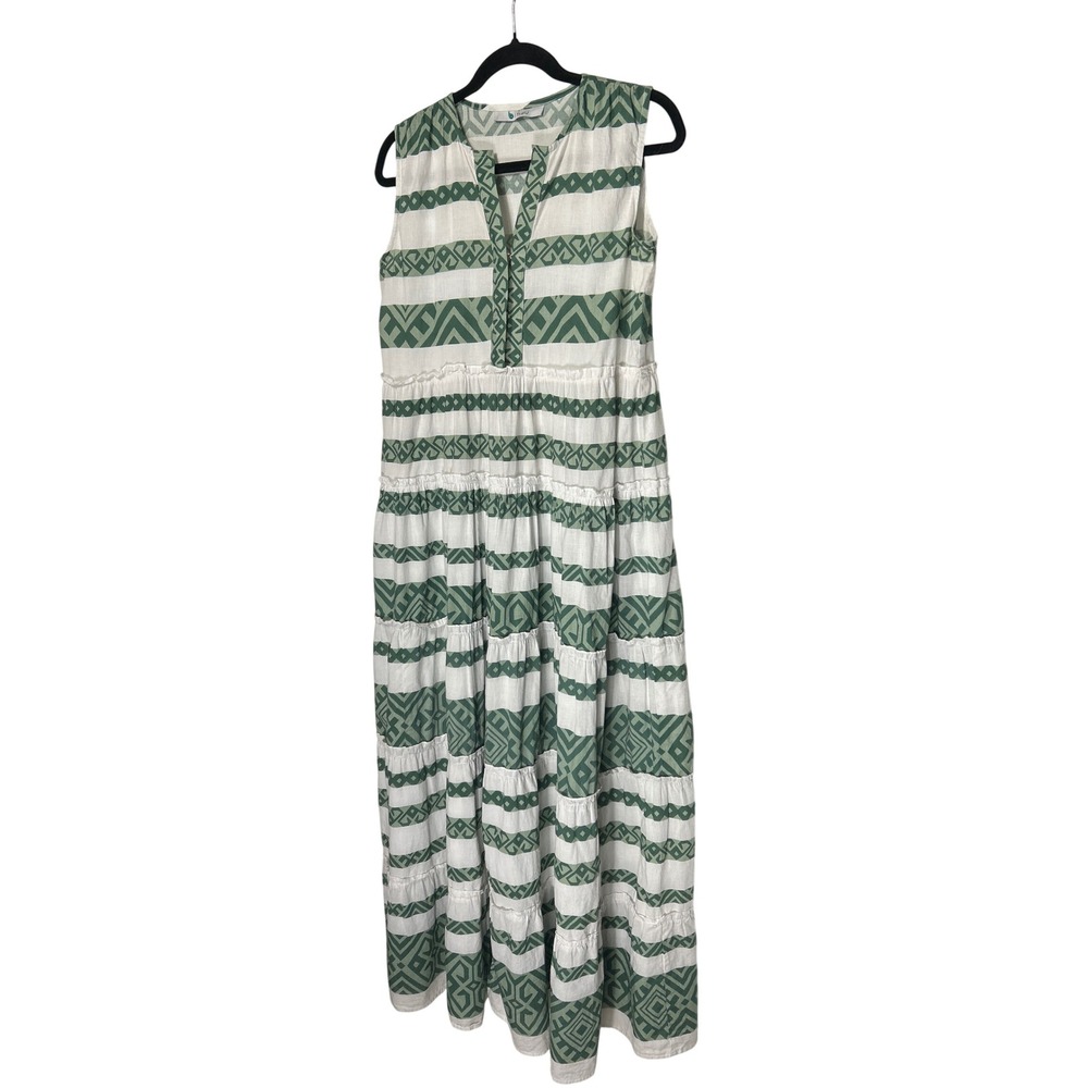 Bindu Anthropologie Tiered Sleeveless Maxi Dress White Green Size L Resort